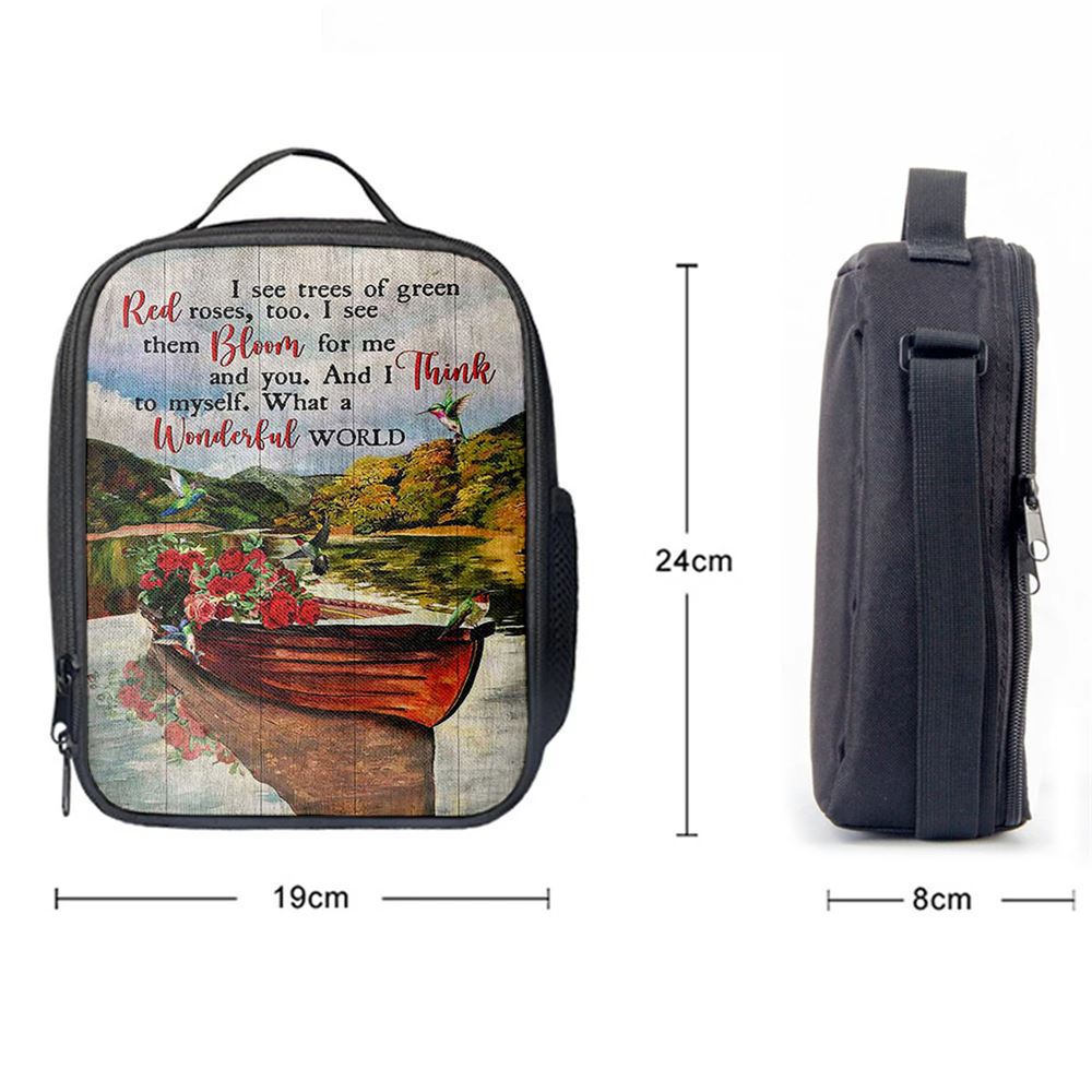 What A Wonderful World Boat Red Rose Lake Lunch Bag For Men And Women, Spiritual Christian Lunch Box For School, Work