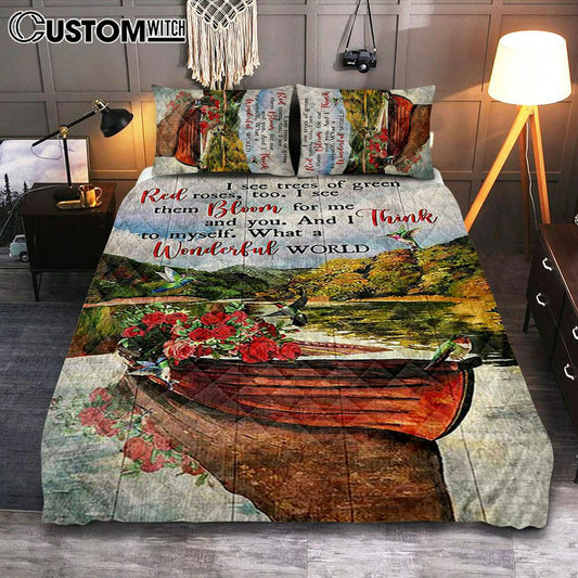 What A Wonderful World Boat Red Rose Lake Quilt Bedding Set Bedroom - Christian Quilt Bedding Set Prints - Bible Verse Quilt Bedding Set Art