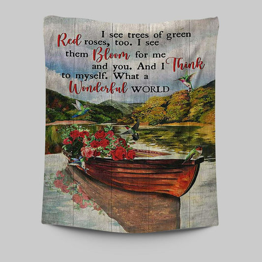 What A Wonderful World Boat Red Rose Lake Tapestry Wall Art - Christian Tapestries Prints - Bible Verse Tapestry Art