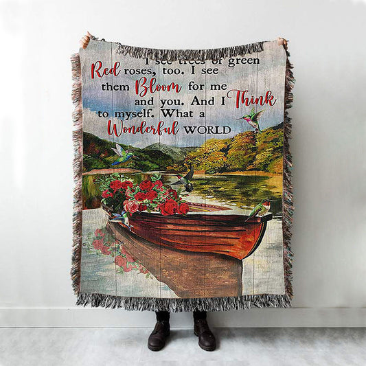 What A Wonderful World Boat Red Rose Lake Woven Throw Blanket - Christian Woven Blanket Prints - Bible Verse Woven Blanket Art
