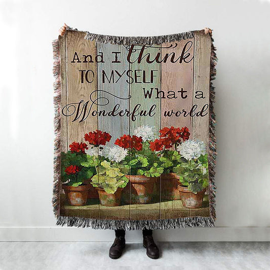 What A Wonderful World Red And White Flower Woven Blanket Art - Christian Art - Bible Verse Throw Blanket - Religious Home Decor