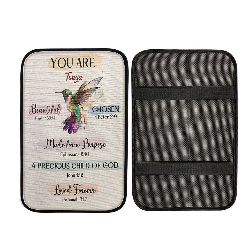 What God Says About You Personalized Car Center Console Cover - Hummingbird Car Armrest Pad - Bible Gift For Women Of God