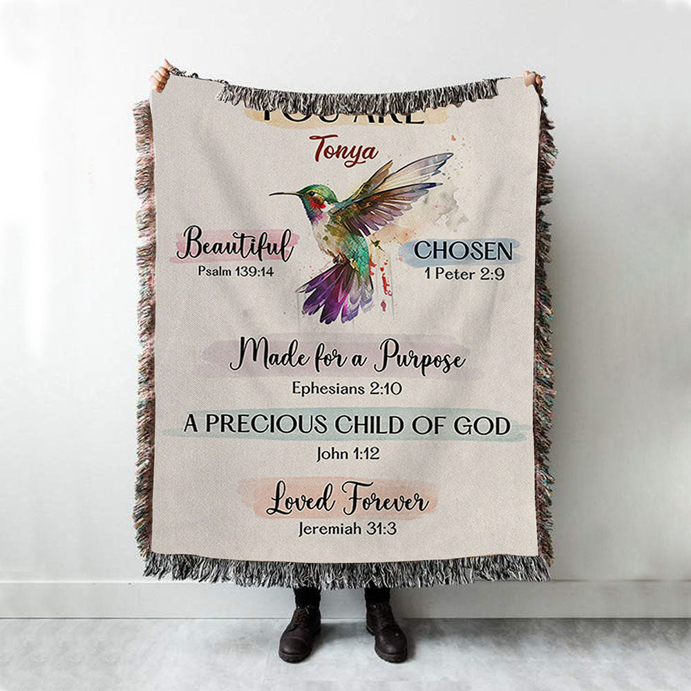 What God Says About You Personalized Woven Throw Blanket - Hummingbird Woven Blanket Prints - Bible Verse Gift For Women Of God