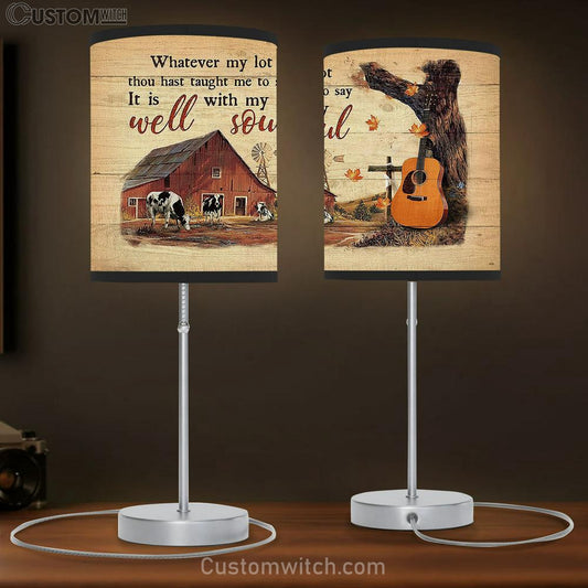 Whatever My Lot Thou Hast Taught Me To Say It Is Well With My Soul Table Lamb - Autumn Farm Guitar Cow Table Lamb Art - Christian Lamb Gift Decor