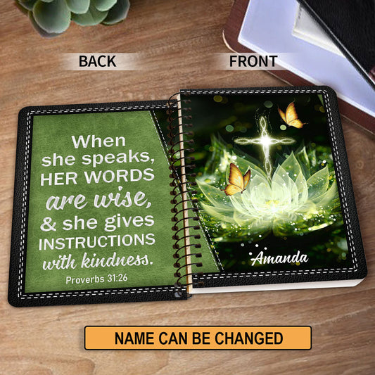 When She Speaks Her Words Are Wise Beautiful Personalized Spiral Journal, Christian Art Gifts Journal