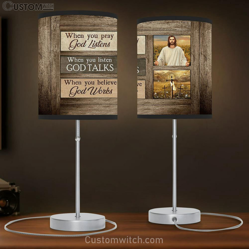 When You Believe God Works Table Lamb - Jesus Three Crosses Table Lamb Art - Bible Verse Lamb Gift - Christian Bedroom Decor