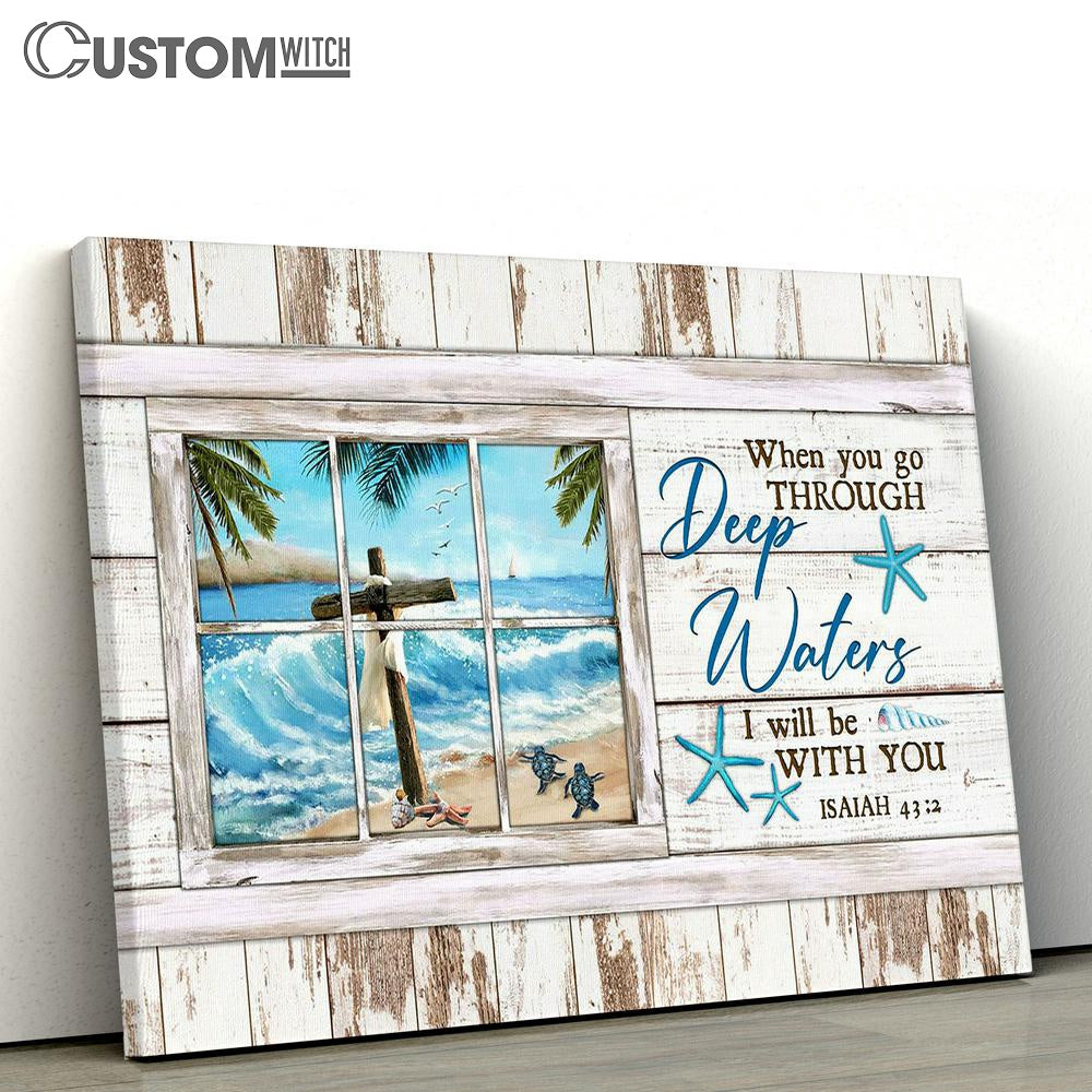 When You Go Through Deep Water I Will Be With You Cross Ocean Sea Turtle Canvas Painting - Christian Wall Art - Gifts For Turtle Lovers