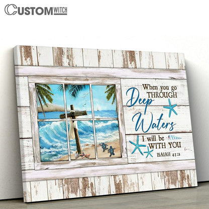 When You Go Through Deep Water I Will Be With You Cross Ocean Sea Turtle Canvas Painting - Christian Wall Art - Gifts For Turtle Lovers