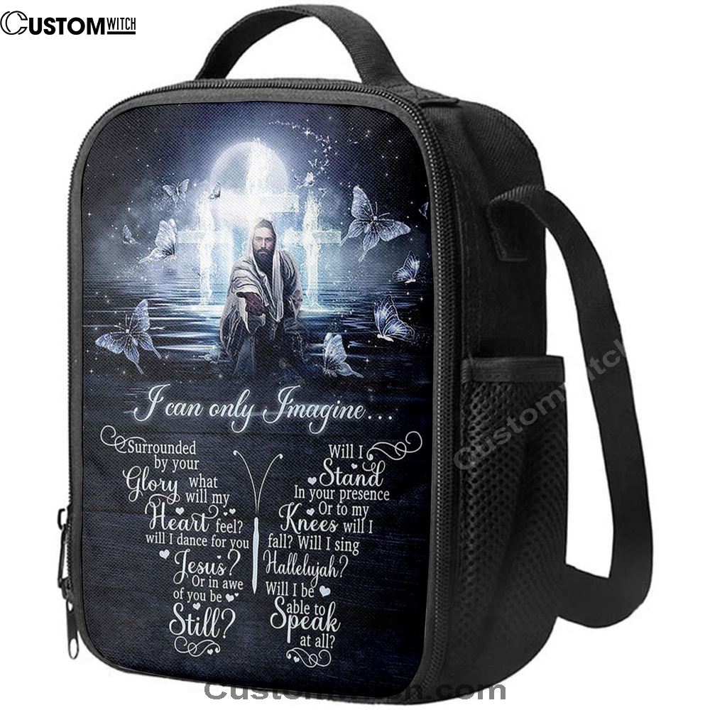 White Butterflies Light Cross- I Can Only Imagine Lunch Bag For Men And Women, Spiritual Christian Lunch Box For School, Work