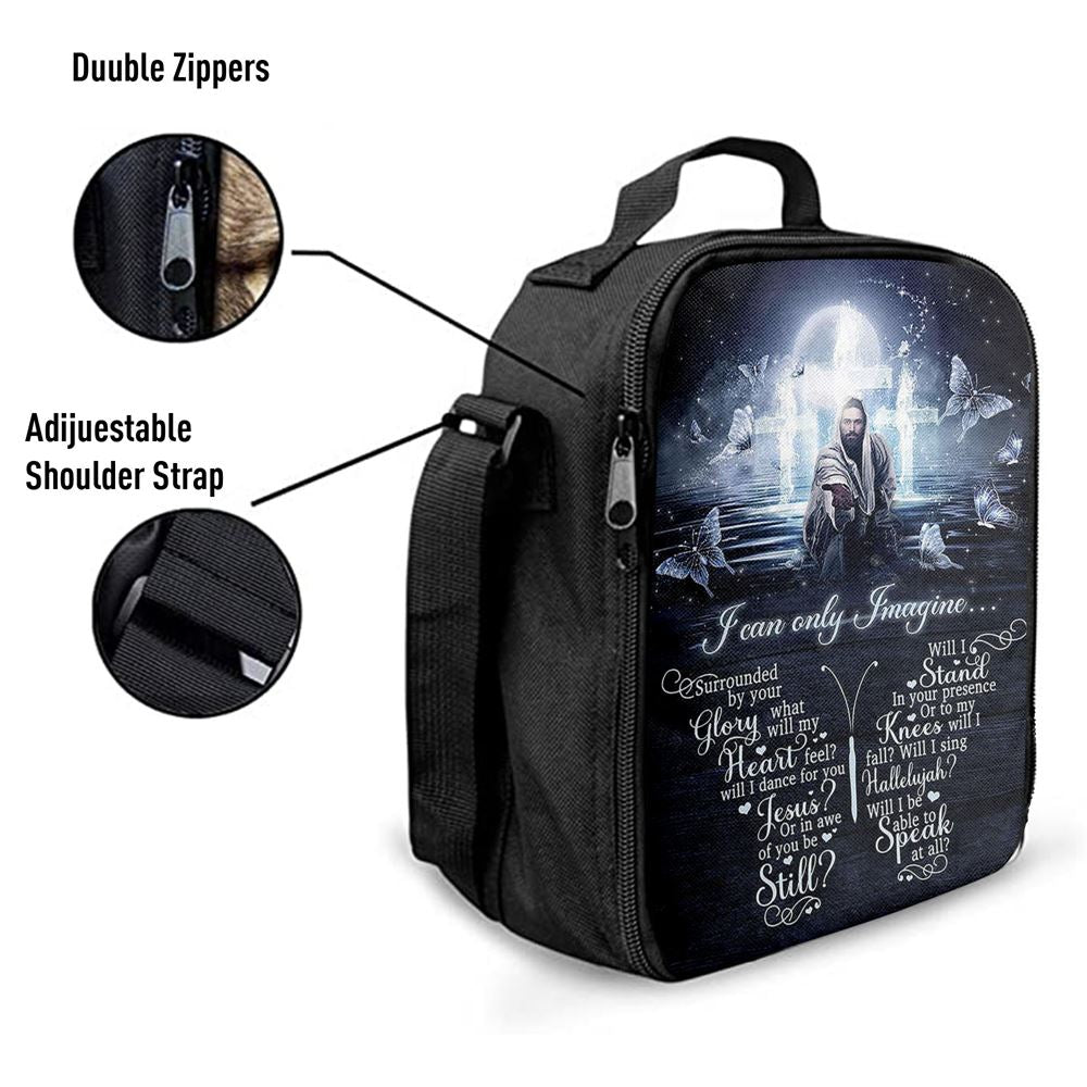 White Butterflies Light Cross- I Can Only Imagine Lunch Bag For Men And Women, Spiritual Christian Lunch Box For School, Work
