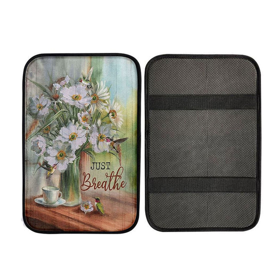 White Flower Hummingbird - Just Breathe Car Center Console Cover, Bible Verse Car Interior Accessories