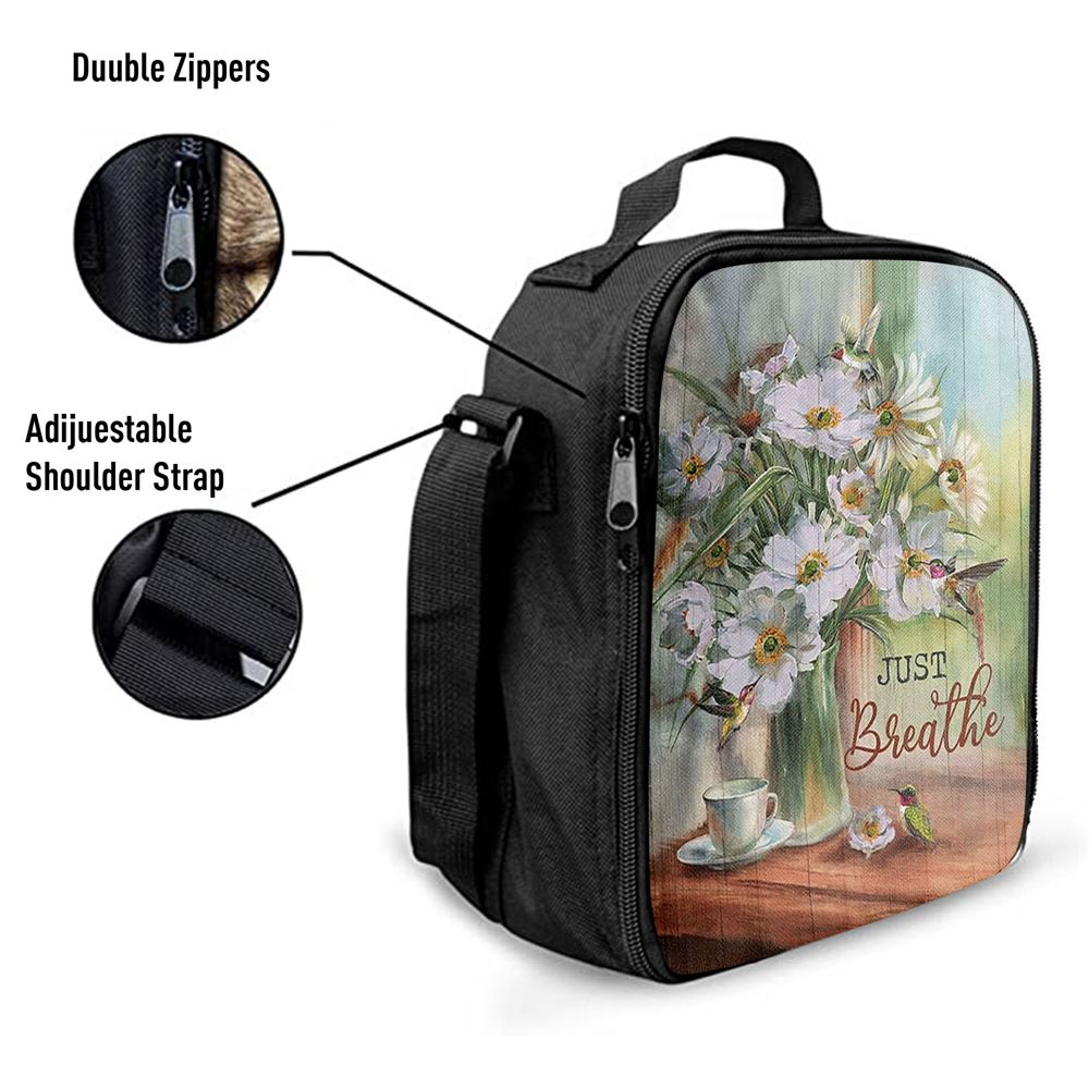 White Flower Hummingbird - Just Breathe Lunch Bag For Men And Women, Spiritual Christian Lunch Box For School, Work