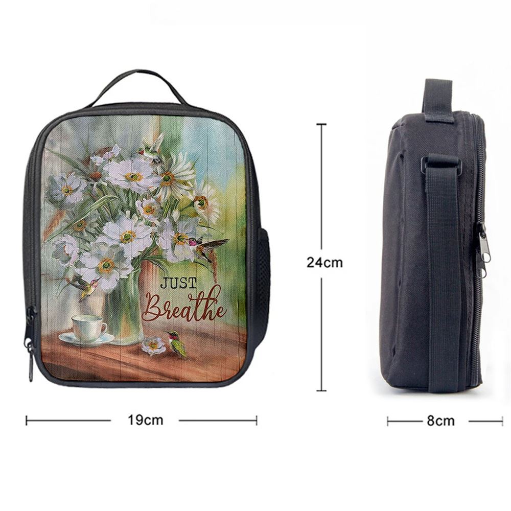 White Flower Hummingbird - Just Breathe Lunch Bag For Men And Women, Spiritual Christian Lunch Box For School, Work
