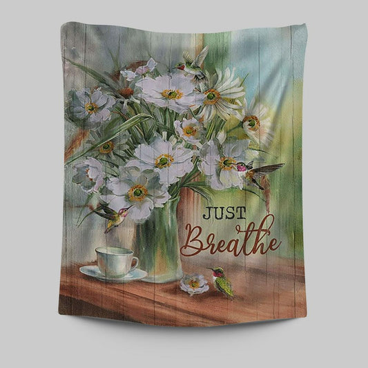 White Flower Hummingbird - Just Breathe Tapestry Art - Christian Art - Bible Verse Wall Art - Religious Home Decor