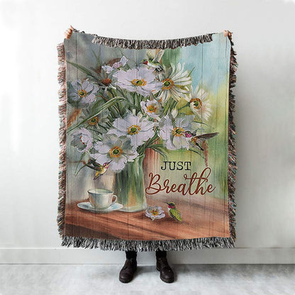 White Flower Hummingbird - Just Breathe Woven Blanket Art - Christian Art - Bible Verse Throw Blanket - Religious Home Decor