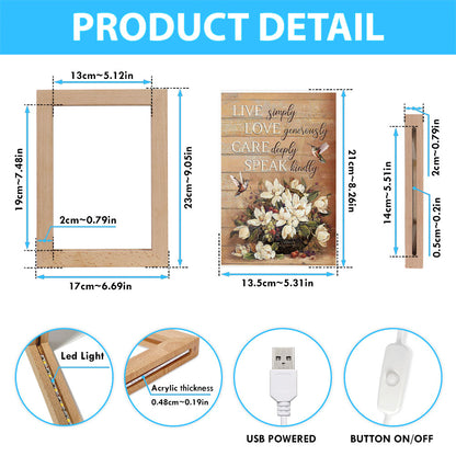 White Flower Vase Hummingbird - Live Simply Love Generously Care Deeply Speak Kindly Frame Lamp Art - Bible Verse Art - Religious Home Decor