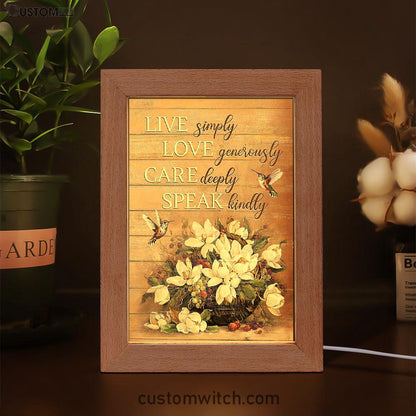 White Flower Vase Hummingbird - Live Simply Love Generously Care Deeply Speak Kindly Frame Lamp Art - Bible Verse Art - Religious Home Decor