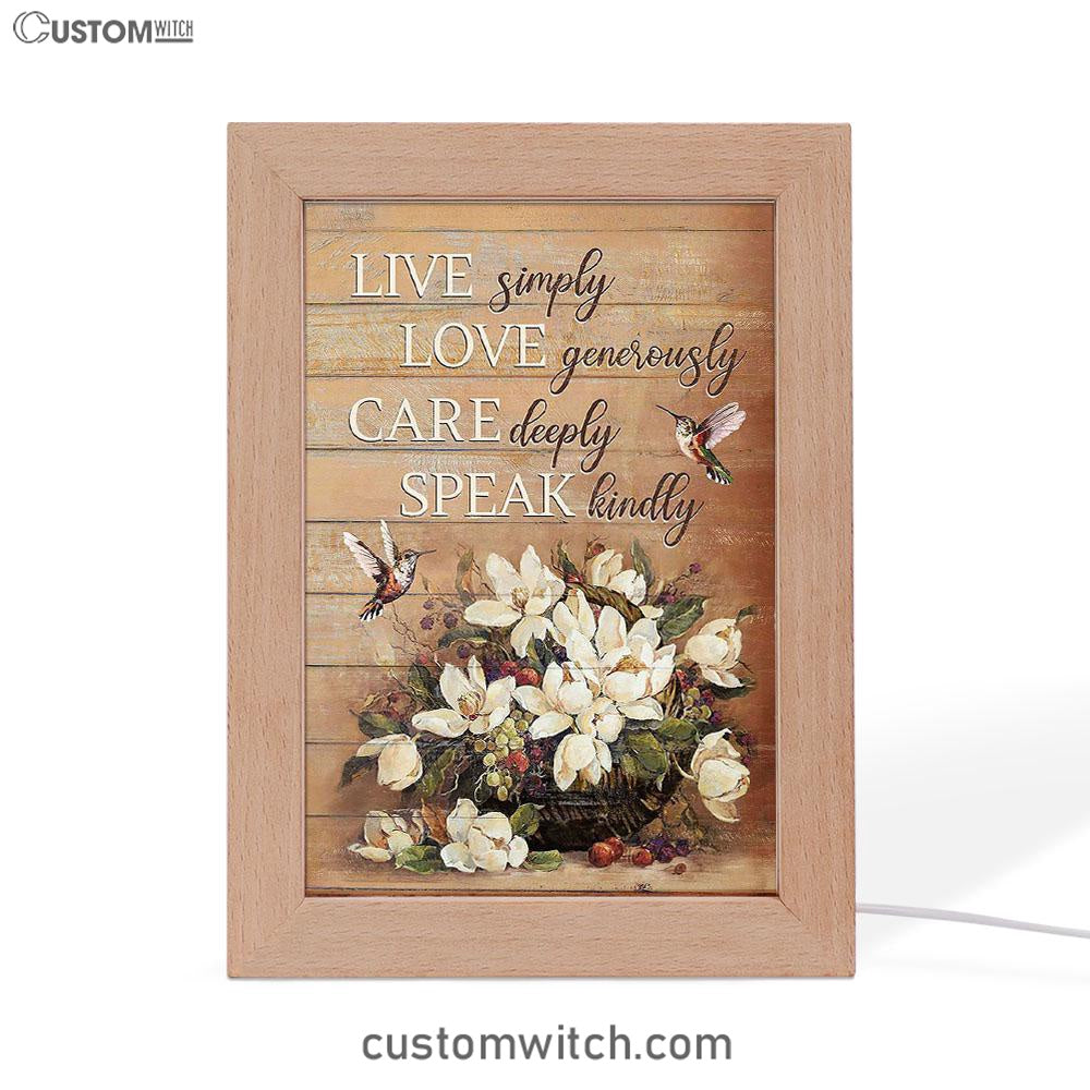 White Flower Vase Hummingbird - Live Simply Love Generously Care Deeply Speak Kindly Frame Lamp Art - Bible Verse Art - Religious Home Decor