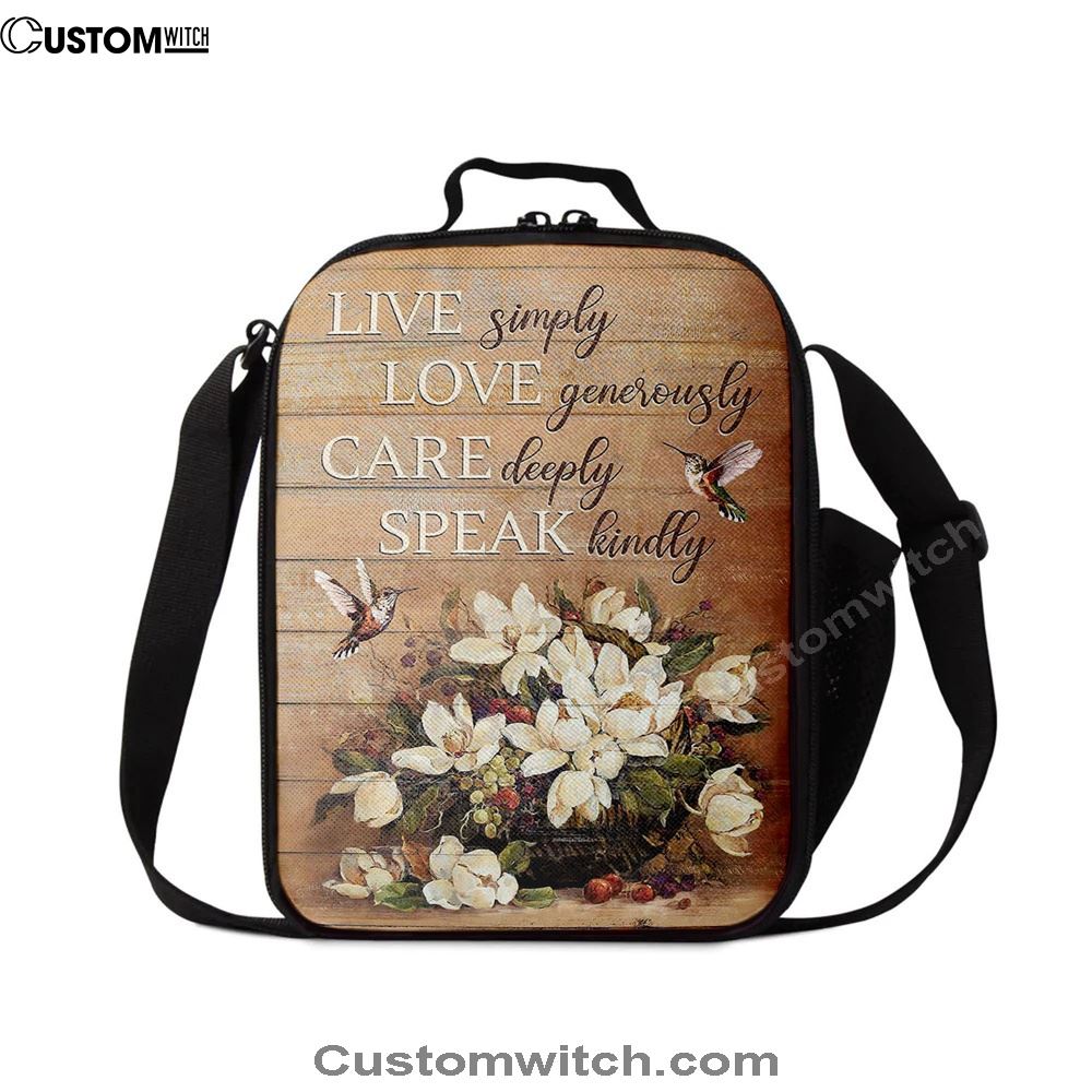 White Flower Vase Hummingbird - Live Simply Love Generously Care Deeply Speak Kindly Lunch Bag For Men And Women