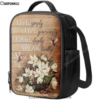 White Flower Vase Hummingbird - Live Simply Love Generously Care Deeply Speak Kindly Lunch Bag For Men And Women