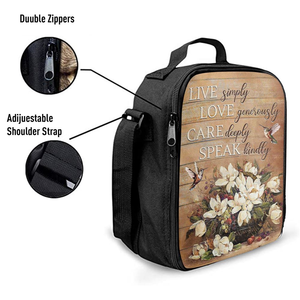 White Flower Vase Hummingbird - Live Simply Love Generously Care Deeply Speak Kindly Lunch Bag For Men And Women