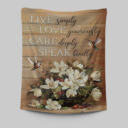 White Flower Vase Hummingbird - Live Simply Love Generously Care Deeply Speak Kindly Tapestry Art - Bible Verse Wall Art - Religious Home Decor