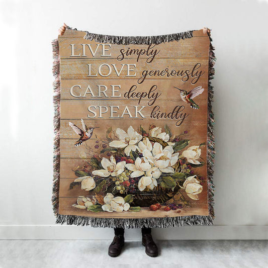 White Flower Vase Hummingbird - Live Simply Love Generously Care Deeply Speak Kindly Woven Blanket Art - Bible Verse Throw Blanket - Religious Home Decor