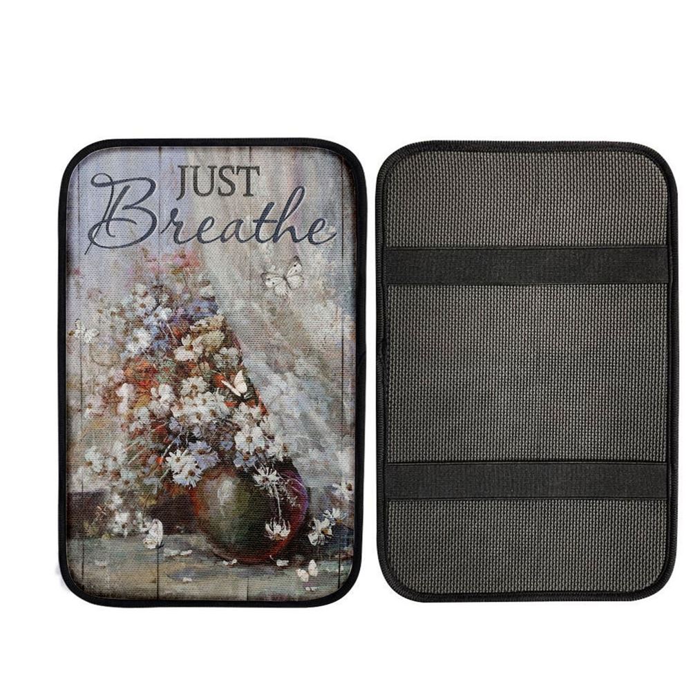 White Flower Vase, Unique Butterfly, Just Breathe Car Center Console Cover, Car Armrest Pad, Christian Gift, Armrest Box Mat