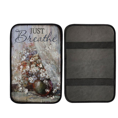 White Flower Vase, Unique Butterfly, Just Breathe Car Center Console Cover, Car Armrest Pad, Christian Gift, Armrest Box Mat