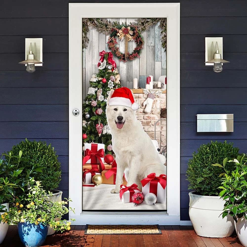 White German Shepherd Christmas Door Cover, Christmas Garage Door Covers, Christmas Outdoor Decoration