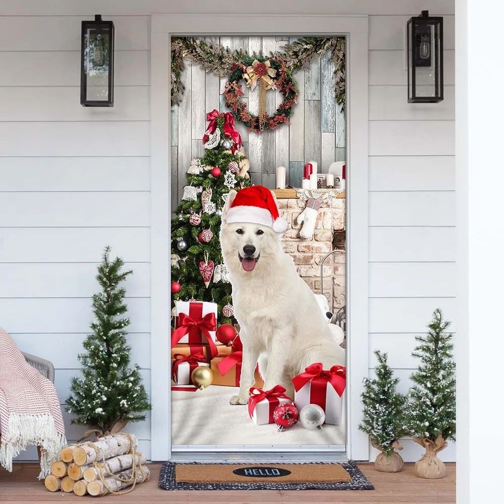 White German Shepherd Christmas Door Cover, Christmas Garage Door Covers, Christmas Outdoor Decoration