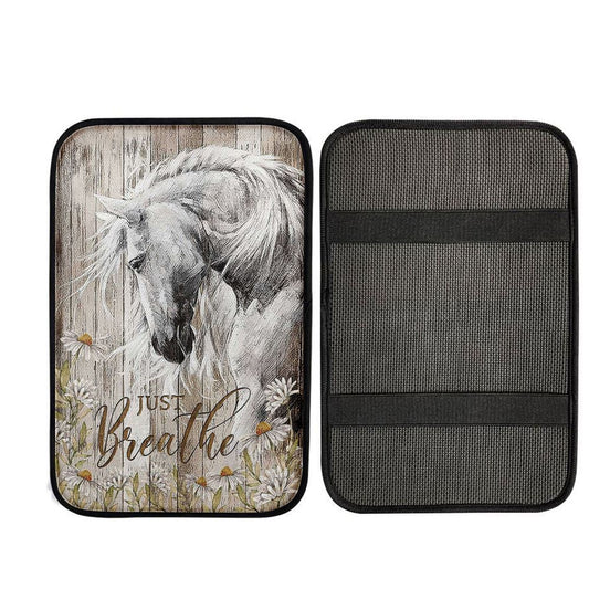 White Horse Daisy Flower Just Breathe Car Center Console Cover, Bible Verse Car Interior Accessories