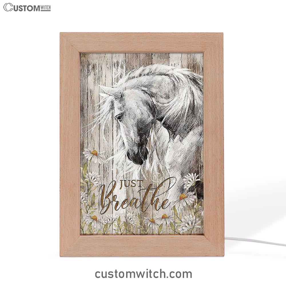 White Horse Daisy Flower Just Breathe Frame Lamp Art - Christian Art - Bible Verse Art - Religious Home Decor