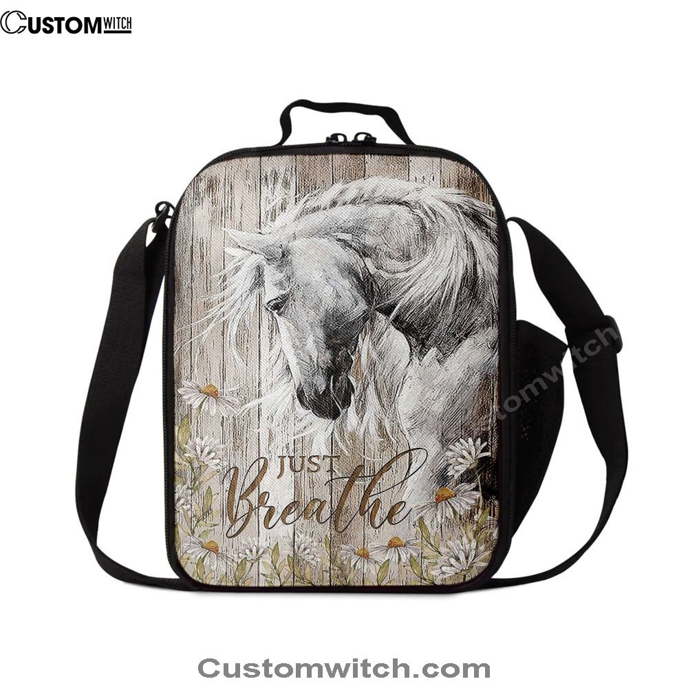 White Horse Daisy Flower Just Breathe Lunch Bag For Men And Women, Spiritual Christian Lunch Box For School, Work