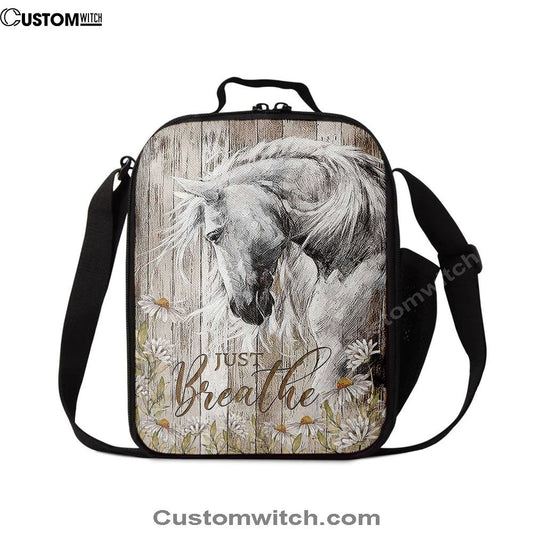 White Horse Daisy Flower Just Breathe Lunch Bag For Men And Women, Spiritual Christian Lunch Box For School, Work