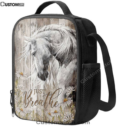 White Horse Daisy Flower Just Breathe Lunch Bag For Men And Women, Spiritual Christian Lunch Box For School, Work
