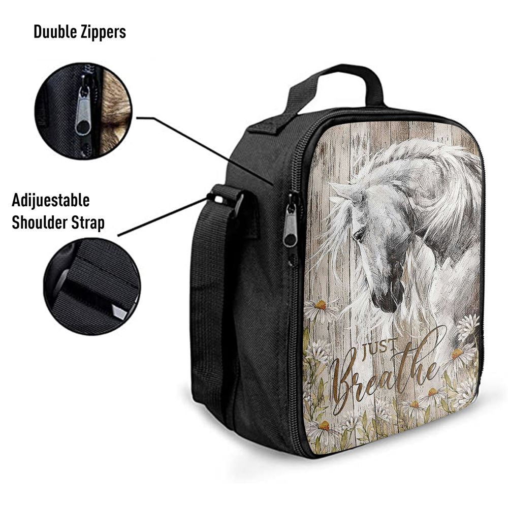 White Horse Daisy Flower Just Breathe Lunch Bag For Men And Women, Spiritual Christian Lunch Box For School, Work