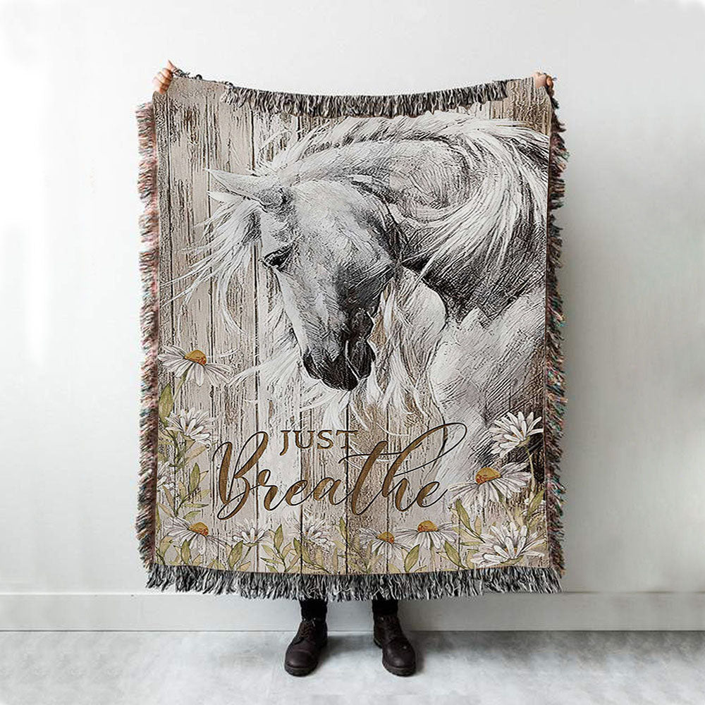 White Horse Daisy Flower Just Breathe Woven Blanket Art - Christian Art - Bible Verse Throw Blanket - Religious Home Decor