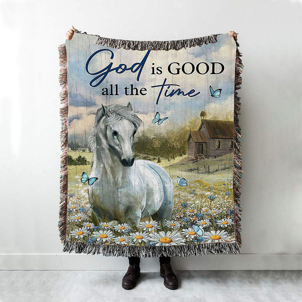 White Horse God Is Good All The Time Woven Blanket Art - Christian Art - Bible Verse Throw Blanket - Religious Home Decor