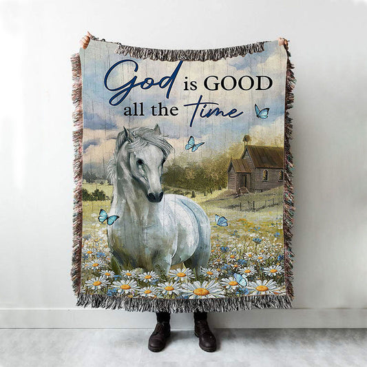 White Horse God Is Good All The Time Woven Blanket Art - Christian Art - Bible Verse Throw Blanket - Religious Home Decor