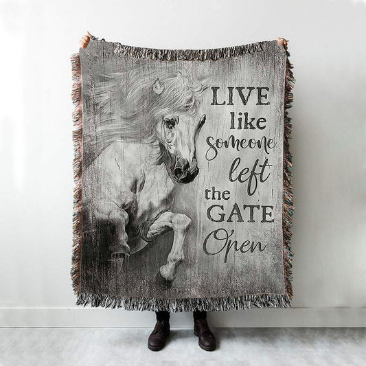 White Horse Live Like Someone Left The Gate Open Woven Blanket Art - Christian Art - Bible Verse Throw Blanket - Religious Home Decor