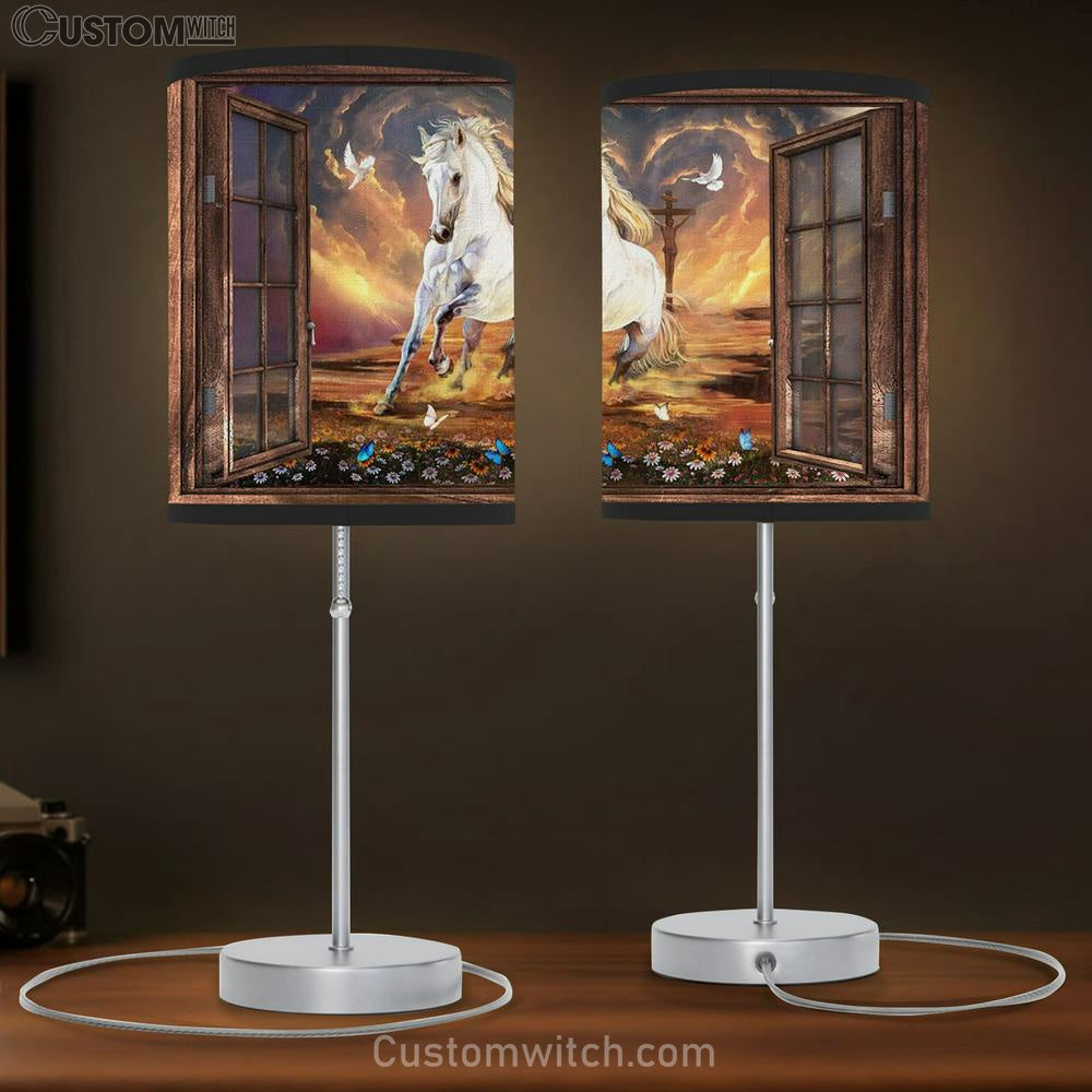 White Horse Running Jesus On The Cross Table Lamb Prints - Christian Lamb Gift - Religious Home Decor