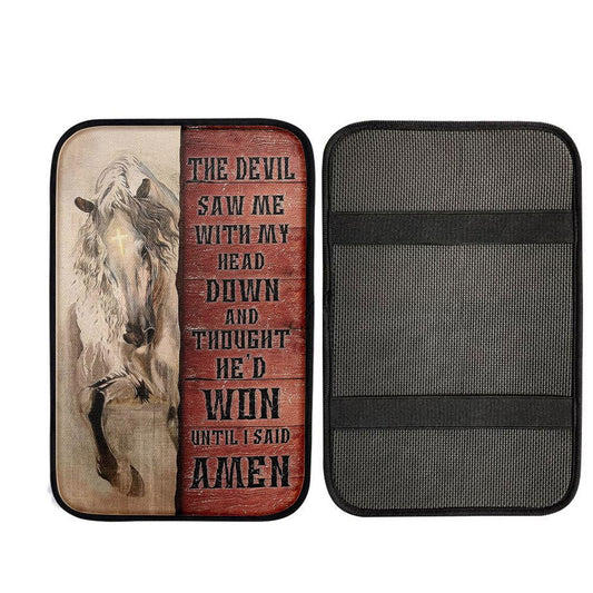 White Horse The Devil Thought He'd Won Until I Said Amen Car Center Console Cover, Bible Verse Car Interior Accessories