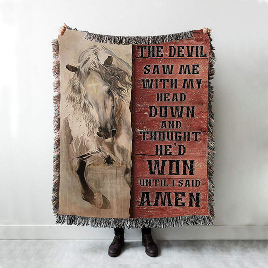 White Horse The Devil Thought He'd Won Until I Said Amen Woven Blanket Art - Christian Art - Bible Verse Throw Blanket - Religious Home Decor
