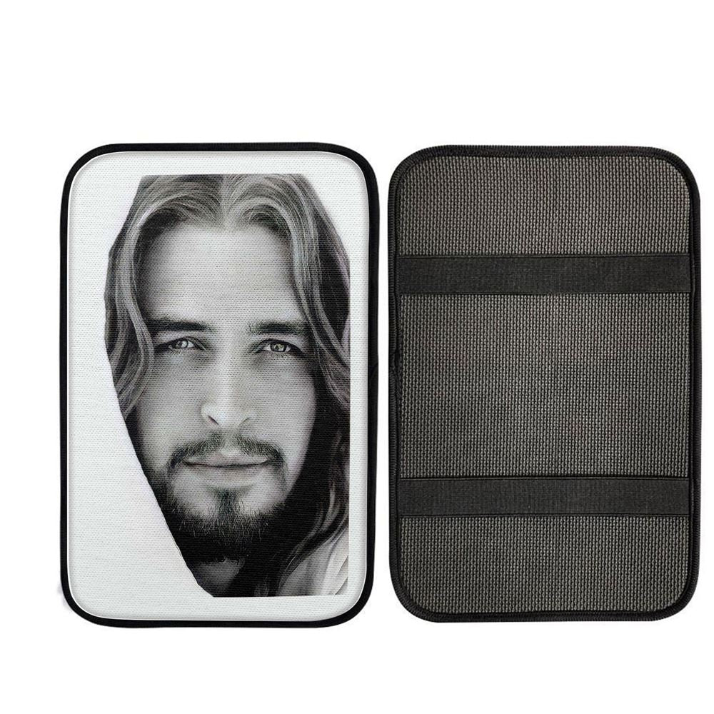 White Jesus Christ Portrait - Jesus Picture - Face Of Jesus Car Center Console Cover, Christian Car Interior Accessories