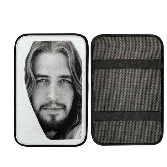 White Jesus Christ Portrait - Jesus Picture - Face Of Jesus Car Center Console Cover, Christian Car Interior Accessories