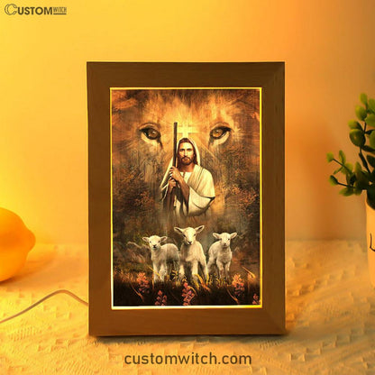 White Lamb Lion's Eyes Walking With Jesus Frame Lamp Art - Christian Night Light - Bible Verse Wooden Lamp