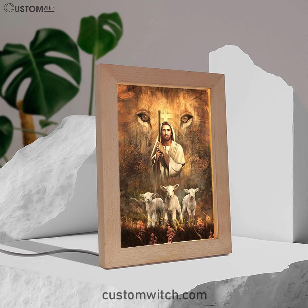 White Lamb Lion's Eyes Walking With Jesus Frame Lamp Art - Christian Night Light - Bible Verse Wooden Lamp