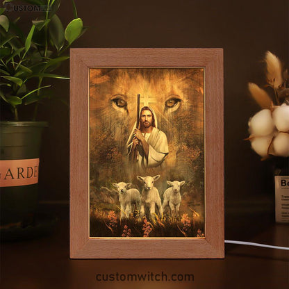 White Lamb Lion's Eyes Walking With Jesus Frame Lamp Art - Christian Night Light - Bible Verse Wooden Lamp