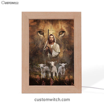 White Lamb Lion's Eyes Walking With Jesus Frame Lamp Art - Christian Night Light - Bible Verse Wooden Lamp